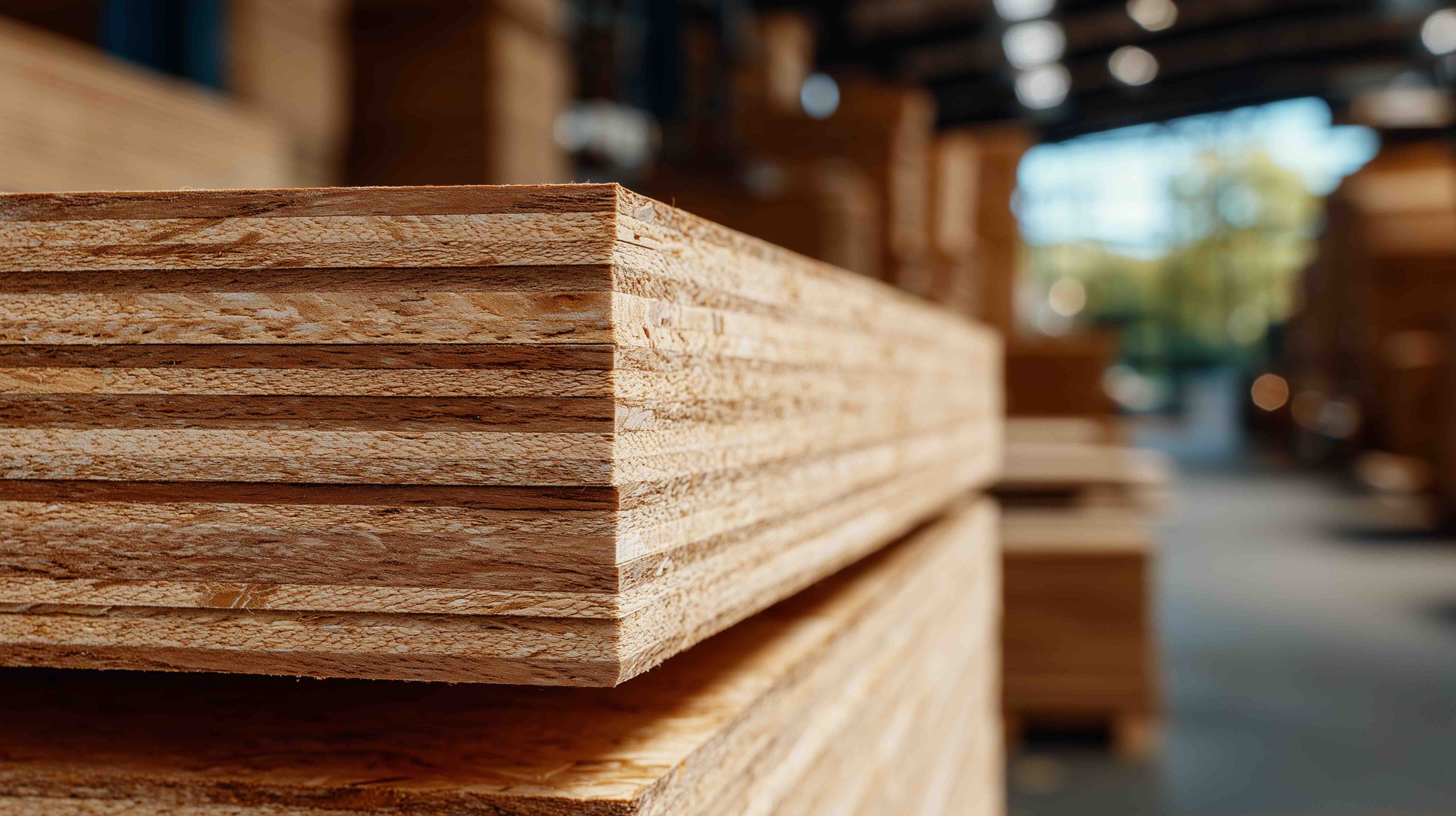 Cinematic macro shot of plywood stack, diagonal perspective emphasizing repeating edges and layers, warehouse ambiance with soft shadows and highlights. Cinematic macro shot of plywood stack, diagonal perspective emphasizing repeating edges and layers, warehouse ambiance with soft shadows and highlights.
