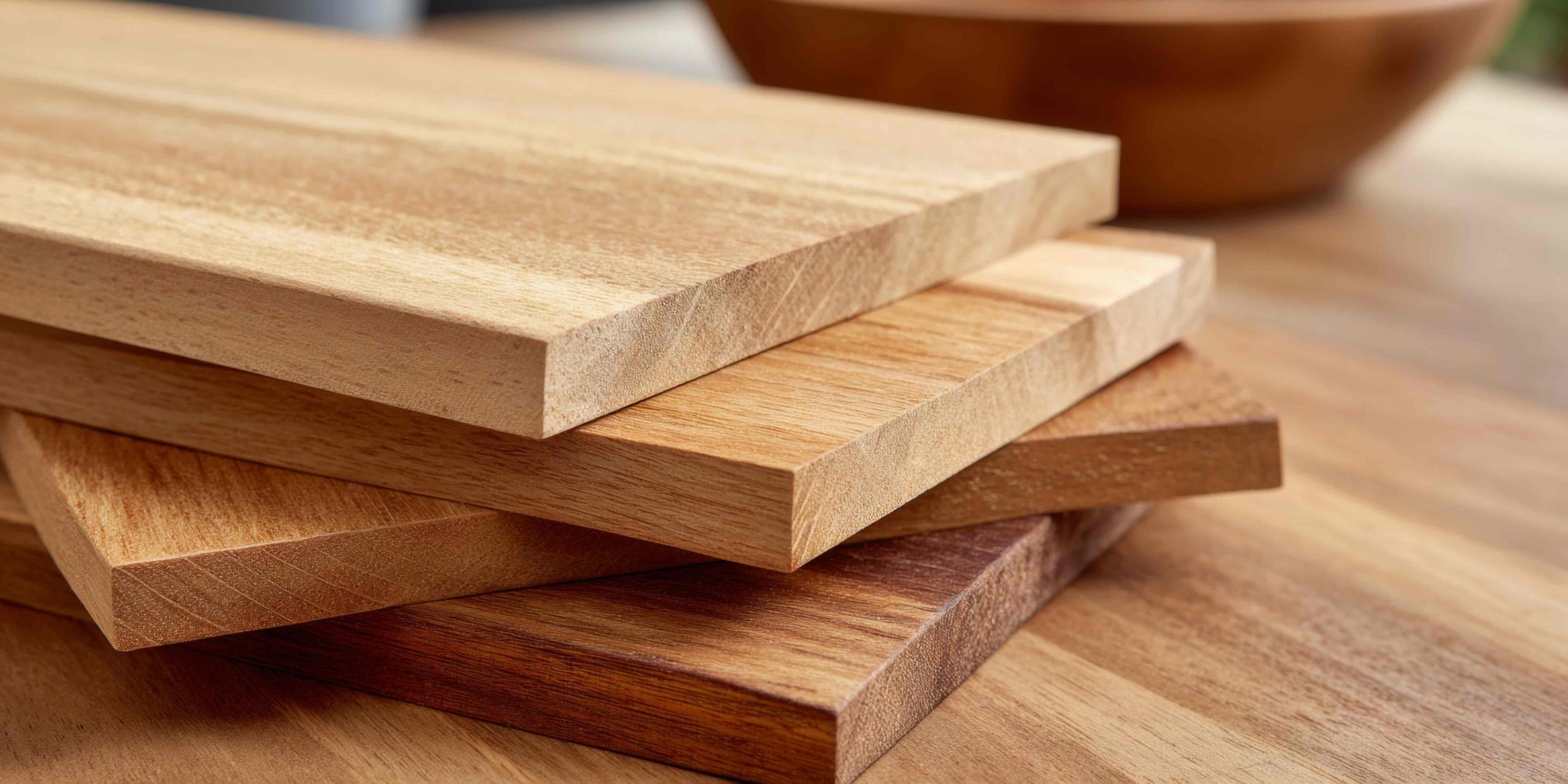 Polished wooden boards stacked neatly on a table, showcasing rich textures and grain quality, ideal for woodworking and carpentry projects